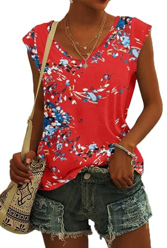 NARRAME Damen T-Shirt Sommer Blusen Kurzarm V Ausschnitt Tshirt Leicht Lässig Luftig Tank Top Blumenmuster Blaurot Groß L 42-44
