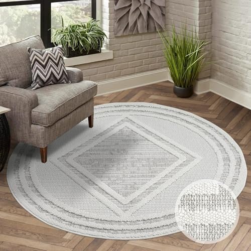 carpet city Teppich Kurzflor Wohnzimmer - Grau, Beige - 160x160 cm Rund - Teppiche Boho-Style - Raute-Optik - Schlafzimmer, Esszimmer