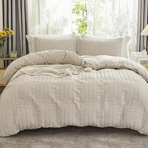 Freyamy Seersucker Housse de Couette 240x260cm+2 Taie d'oreiller 65x65cm Gaufré Rayé Structuré Beige Parure de lit 2 Personnes Adulte Sets de Housse Couette en 100% Microfibre avec Fermeture Éclair