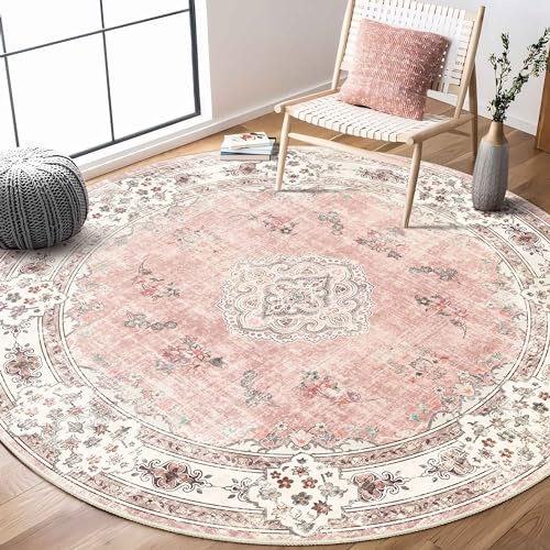 MUJOO Grand tapis rond lavable bohème pour chambre à coucher, salon, salle de bain, 1,8 m, motif floral rose pâle