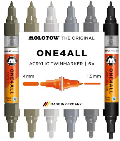 Molotow One4All Acrylic Twin Marker Grey Set (1,5 und 4,0 mm Strichstärke, hochdeckend und permanent, schnell trocknend, nachfüllbar, für fast alle Untergründe) 6 Stück sortiert