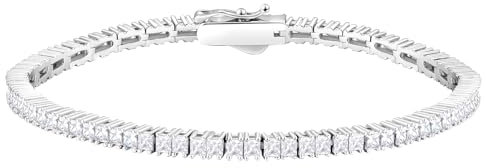 KRKC&CO Tennisarmband Silber 925 für Damen, 2mm Tennis Armband Prinzessschliff Weißgold beschichtet, Zirkonia Kristall Armband Iced Out, Geburtstag Geschenk für Frauen Mädchen [Größe 16,5cm]