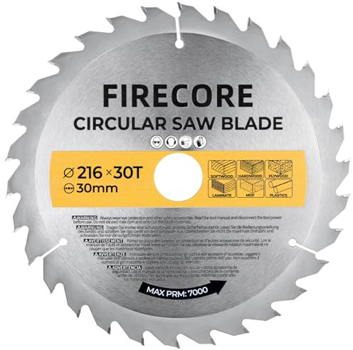 Firecore Lame de coupe 216x30 mm, Lames de Scie Circulaire à 30 dents, Disque à Tronçonner en Acier, idéal pour le Bois, Accessoires meuleuse d'angle compatible avec DeWalt, Bosch, etc.