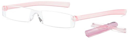 ABETOS Mini Lesebrille Kunststoff Damen Herren Rahmenlose Kompakt Ultraleichte Lesebrillen Rechteckig Reise Lesehilfe mit Etui, Rosa+1.5