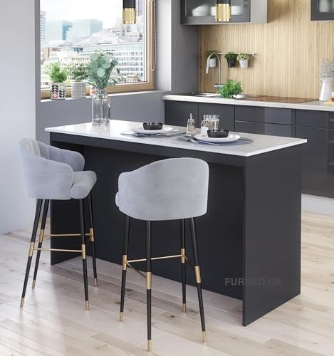 Furneo Kitchen Island 02 – Modern Kitchen Island with Breakfast Bar & Shelves, 130 cm, Graphite and Marble Effect Finish