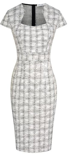 GRACE KARIN Wunderschönes Bleistiftkleid für Damen, Flügelärmel, Tweed-Bleistiftkleid für die Arbeit, Schwarz-Weiß-Plaid, Klein