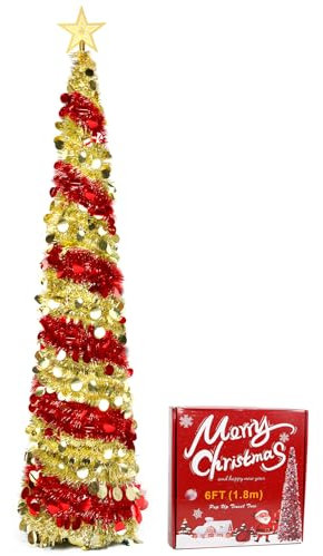 Albero di Natale pop-up 1,8 m, sottile, 180 cm, albero di Natale artificiale pieghevole pop up rosso dorato colorato albero di Natale per le vacanze al coperto casa decorazione per feste