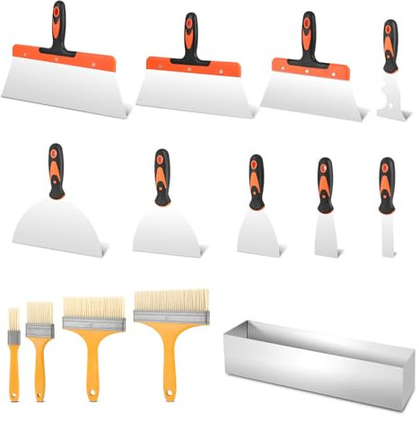 Set di Spatole in Acciaio Inossidabile per Stucco, Frattazzo per stucco, Spatola per Mastice,Spatola Multiuso, Vaschetta Portaintonaco, Kit di Utensili Manuali per Cartongesso 14 Pezzi
