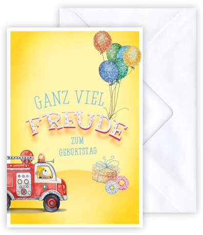 KE - 3D Pop-UP Karte zum Geburtstag für Kinder DIN B6, Geburtstagskarte inkl. weißer Umschlag, Motiv: Feuerwehr und Torte