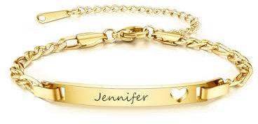 AllerPierce Personalised Gold Stainless Steel Name ID Bar Heart Bracelet for Women - Custom Gifts for Girlfriend, Friendship, Mum, Birthday, Christmas, Mother's Day