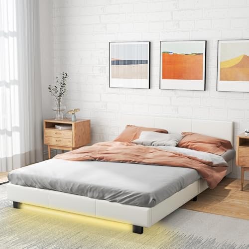 COSTWAY Bett mit LED Beleuchtung, 140 x 200 cm, Polsterbett mit Lattenrost, Doppelbett mit Kopfteil aus Kunstleder, Bettgestell, Bettrahmen, weiß