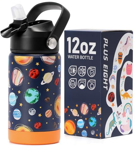 pluseight Kids Insulated Water Bottle with Straw Lid, 350ml BPA-Free Double Wall Vacuum Tumbler 18/8 Stainless Steel Leak Proof Kids Cups with Straw for School Travel Boys Girls (Planet)