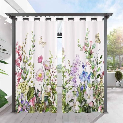 ANHOPE Aquarell Floral Schmetterling Outdoor Vorhänge mit Ösen Wasserdicht Wetterfest Außen Vorhang für Balkon Terrasse Garten Pergola Pavillon Aussen Gardinen 2er Set H240 x B132 cm