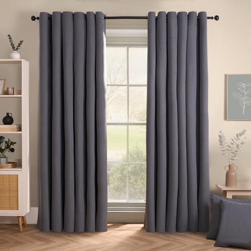 OHS Grey Eyelet Woven Texture Curtains, Decorative Blackout Curtains for Bedroom Living Room Soft Modern Thermal Lined Blackout Curtains, 66x72” - Charcoal