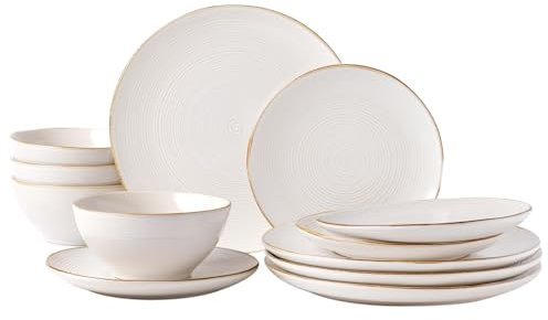 Richmount Tempus 12-Piece Dinner Set, Irregularly Shaped Swirl Stoneware Plates and Bowls Set, Dinner Sets for 4, Dinner Plates/Dessert Plate/Soup Bowl, Glazed Ceramic Dinnerware Sets, White
