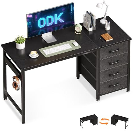 ODK Computer Desk with Drawers, 120 x 48 cm Office Desk with Storage & Headphone for Small Spaces, Reversible Small Study Table for Home Office, Black