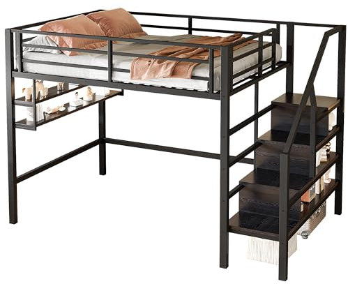 SOFTWEARY Hochbett mit Lattenrost, Regal und Treppe, Kinderbett mit Rausfallschutz, Jugendbett, Metallbett (schwarz, 140x200 cm)