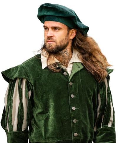 Leonardo Carbone® Herren Kopfbedeckung Samt-Barett Kurt | Integriertes Band | Raffungen Hinten | Karneval, Halloween, Cosplay, LARP, Mittelalter, Barett, Hut, Baumwolle | 100% Baumwolle Grün L