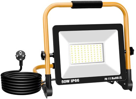 YOJZMA Lumière LED Portative de Travail avec Câble de 3M, 50W 5000LM Projecteur LED, 6000K Blanc, Rotation à 360°, IP66 Étanche, Lumière pour Intérieur/Extérieur, Atelier, Chantier de Construction