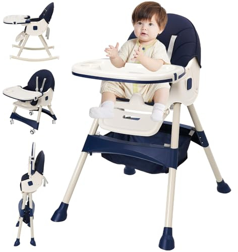 Hochstuhl Baby 3 in 1 Babystuhl Kinderhochstuhl Verstellbar Klappbar Kinderstuhl mit Doppellagigem Abnehmbares Essteller, 3 Position Rückenlehne, 5-Punkt-Sicherheitsgurt, Mitwachsend ab 6 Monate, Blau