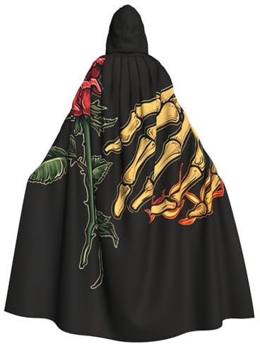 ZORIN Kapuzenumhang, Halloween-Kostüm, 149,9 cm, Robe mit Kapuze, Skelett, Hand, Feuer-Rose, Uni, Kostüm-Umhang für Halloween, Weihnachten, Cosplay-Party