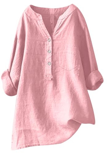 2025 Chemisier Femme Chic et Élégant Chemise Coton et Lin Col en V Bouton Manches Longues Tops Décontracté été Haut Couleur Unie LâChe Respirant T-Shirts Grande Taille Pas Cher Casual Tunique Blouse