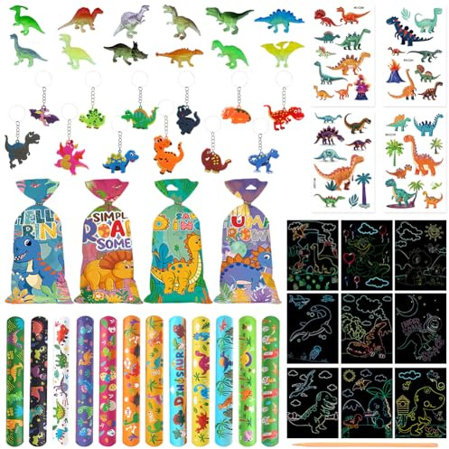 NimblusToy Dino Mitgebsel Kindergeburtstag, 100 Stück Kindergeburtstag Gastgeschenke mit Dino Schlüsselanhänger Schnapparmband Tattoo Aufkleber Geschenktüte Leuchtender Dinosaurier und Kratzbilder