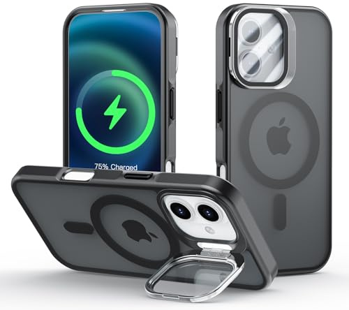 Meeter Coque pour iPhone 17 avec Magnétique, pour MagSafe Compatible Étui Rotatable Kickstand, Protection Objectif en Verre Trempé avec Support Caméra Caché, Housse à Dos Mat, Noir
