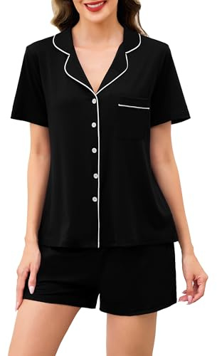 Wikoan Pigiama Donna Set Pigiama Estivo 2 Pezzi Maglietta e Pantaloncini Abbigliamento da Casa Traspirante e Confortevole,Nero,M
