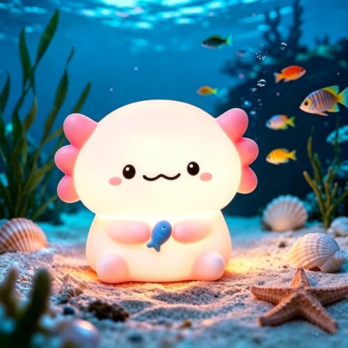 GOODEA Nachtlicht Kinder Axolotl, Ultra Weiches Silikon Nachtlicht Baby | 1200mAh Aufladbar & 30Min Timer Baby Nachtlicht mit Klopfsteuerung, 3 Helligkeit Dimmbar Stilllicht für Mädchen Geschenk