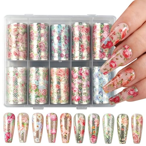 Cesujowaz nagelsticker Blumen Set, 12 Rollen nail sticker Transferfolie für Frühling Sommer, nagelsticker selbstklebend Design für Nail Art und Maniküre