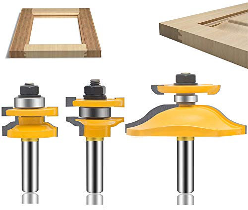 LETBE 3 PCS Router Bit Set, 1/2-Inch Shank Round Over Raised Panel Ogee Cabinet Door Rail and Stile Router Bits, Woodworking Wood Cutter, Wood Carbide Groove Tongue Milling Tool (1/2, HXRD-1223B)