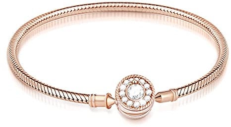 GNOCE Charm Bracelet Sterling Silver 18k Rose Gold Plated DIY Snake Chain Love At First Sight Basic Charm Bracelet With Gnoce Logo Bangle with Clasp (Rose Gold, 19)