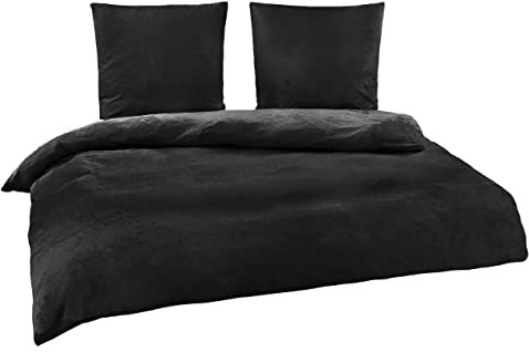 BaSaTex Winter Plüsch Bettwäsche Set Nicky-Teddy Cashmere-Touch Coral Fleece | 135x200 155x220 200x200 200x220 + 80x80 Kissenbezug | Größe: 200x220 | Farbe: Schwarz