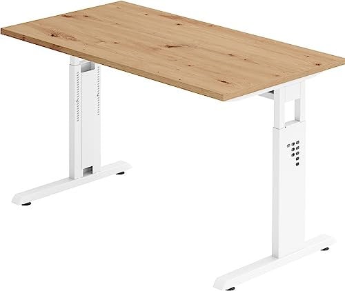 bümö Homeoffice Schreibtisch O-Serie höhenverstellbar, Tischplatte 120 x 67,2 cm in Asteiche, Gestell in weiß