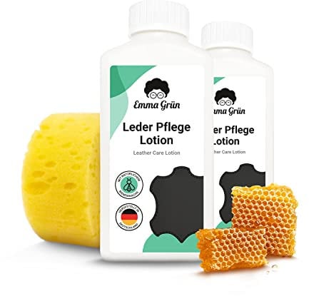 Emma Grün® Lederpflege für Ledercouch & Sofa 2x 250ml [MIT BIENENWACHS] - Glatt- & Kunstleder Pflege - Lederpflege Auto Autositze - Pflegemittel Sofa, Jacken & Autoleder (+SCHWAMM) - Made in Germany