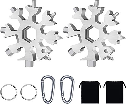 2 Stücke 18 in 1 Schneeflocken Multi-tool mit Karabiner und Schlüsselring, Geschenke für Männer, Edelstahl Tragbare Schneeflocken Multifunktionswerkzeug für Outdoor Abenteuer Camping (Silber)