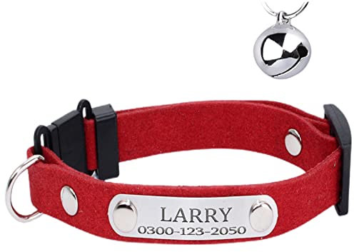 Yonsbox Personalisiert Anti Strangulation Katzenhalsband mit Namen Glöckchen Sicherheitsverschluss Adresse 20-26 cm Hals Adjustable Rot Katzen Halsbänder für Alle Hauskatzen