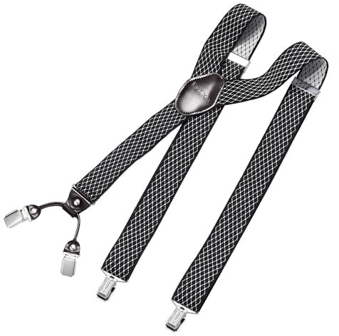 DonDon Hosenträger Herren extra stark Muster schwarz weiß 3,5 cm Hosenträger Herren breit mit brauem Leder in Y-Form lang - Starke Clips passend für Anzug Jeans Chinos Vintage Rockabilly Suspenders