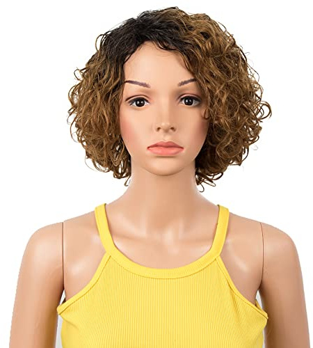 DÉBUT Kurze Bob Perücke mit Air Bangs Kurze lockige gewellte Echthaar Bob Perücke für Damen 25 cm 120g 130% Dichte (25 cm, Ombre Braun)