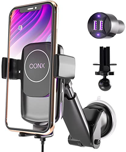 Wireless Car Charger - Dashboard & Air Vent Mount - Auto-clamping Phone Holder, 4x Fast Charging - 5W to 15W