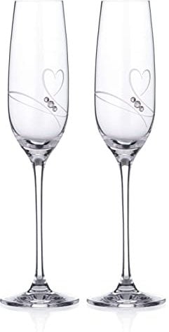 DIAMANTE Champagne Flutes Prosecco Glasses Pair with ‘Romance ’ Hand Cut Design Embellished with Crystals Set ot Two Glasses with Gift Box