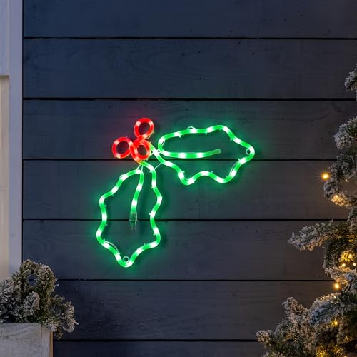 Christow Holly & Berry Christmas Light, 45cm | Rope Light Wall & Window Decoration, 48 LEDs, Flashing Berry Effect, Neon-Style Glow, Indoor & Outdoor Display, Mains Powered