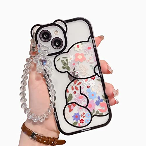 IAIYOXI for iPhone 11 Pro Case with Cute Flowers Bear Pattern, Camera Protector, Clear Phone Case and Lovely Strap Bracelet Chain, Compatible for iPhone 11 Pro for Girls Women (Black)