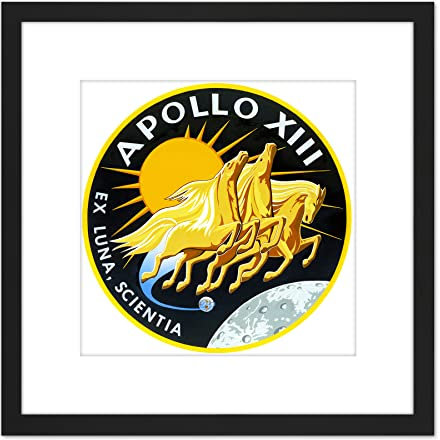 Artery8 Space NASA Apollo 13 Mission Emblem Badge Patch 8X8 Inch Square Wooden Framed Wall Art Print Picture with Mount