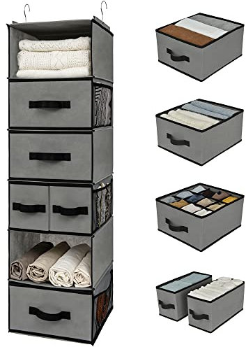 GRANNY SAYS 6 Shelves Hanging Wardrobe Storage Organiser, Pack of 1 Hanging Shelves with Drawers and Side Pockets for Closet Storage, Grey Wardrobe Tidy Space Saving for Organising Clothes Jumper