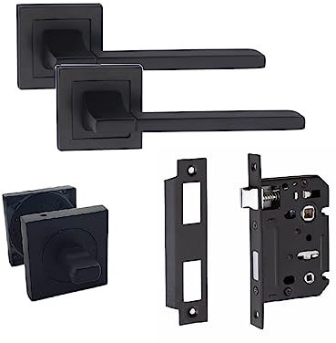 Golden Grace Aztec Design Straight Bathroom WC Toilet Door Handles on Square Rose in Matt Black Finish with 64mm Bathroom Mortise Lock & Thumbturn