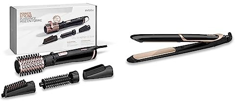 BaByliss AS200E Cepillo de Aire Rotatorio 1000 W, Iónico, Cepillo de Pelo + Aire Frío, 2 Sentidos de Rotación, Color Negro & ST393E Plancha de pelo profesional, iónica,Color Negro