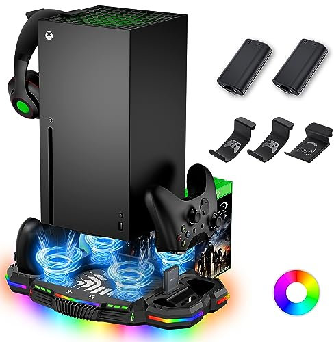 Kühlständer mit Controller-Ladestation für Xbox Series X, ZAONOOL Dual-Ladestation und Lüfter für Konsolenzubehör mit 12 RGB-Leuchten, 2 wiederaufladbaren Akkus, 3 Haken und USB-Anschluss