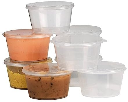 Clearly | 100 Hinged 2oz Disposable Or Reusable Leak Proof Clear Deli Sauce Pots/Containers with Hinged Lids Store Chutney Slime Dressings Sauces Dips - Dishwasher, Microwave, Freezer, & Food Safe